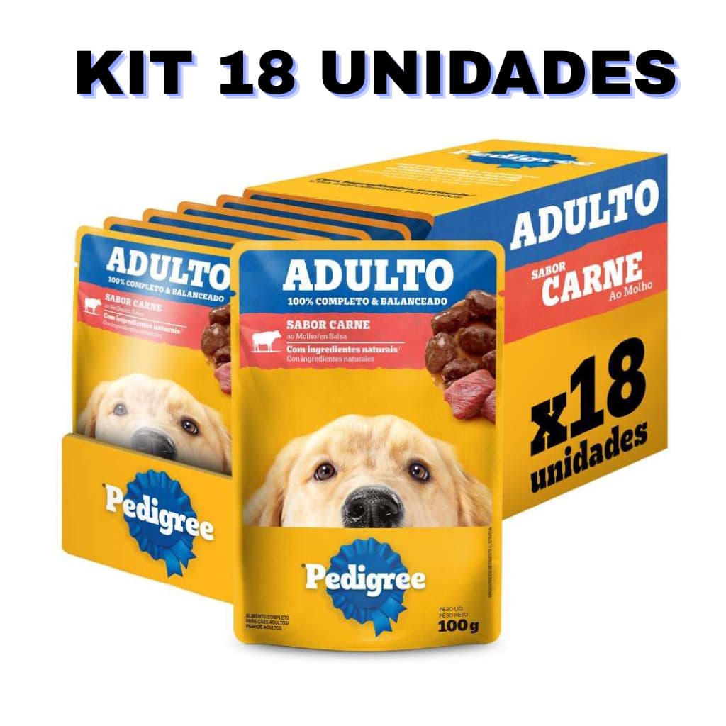PEDIGREE SACHÊ RAÇAS MÉDIAS SABOR CARNE RAÇÃO ÚMIDA 100G KIT 18 UND CX ORIGINAL DE FÁBRICA
