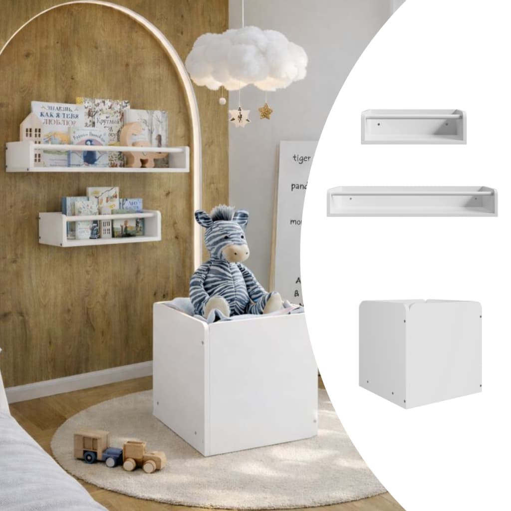 Kit 2 Nichos Prateleiras + 1 Baú Organizador Quarto Infantil Bebê Decoração Mdf Branco Caixa Criança
