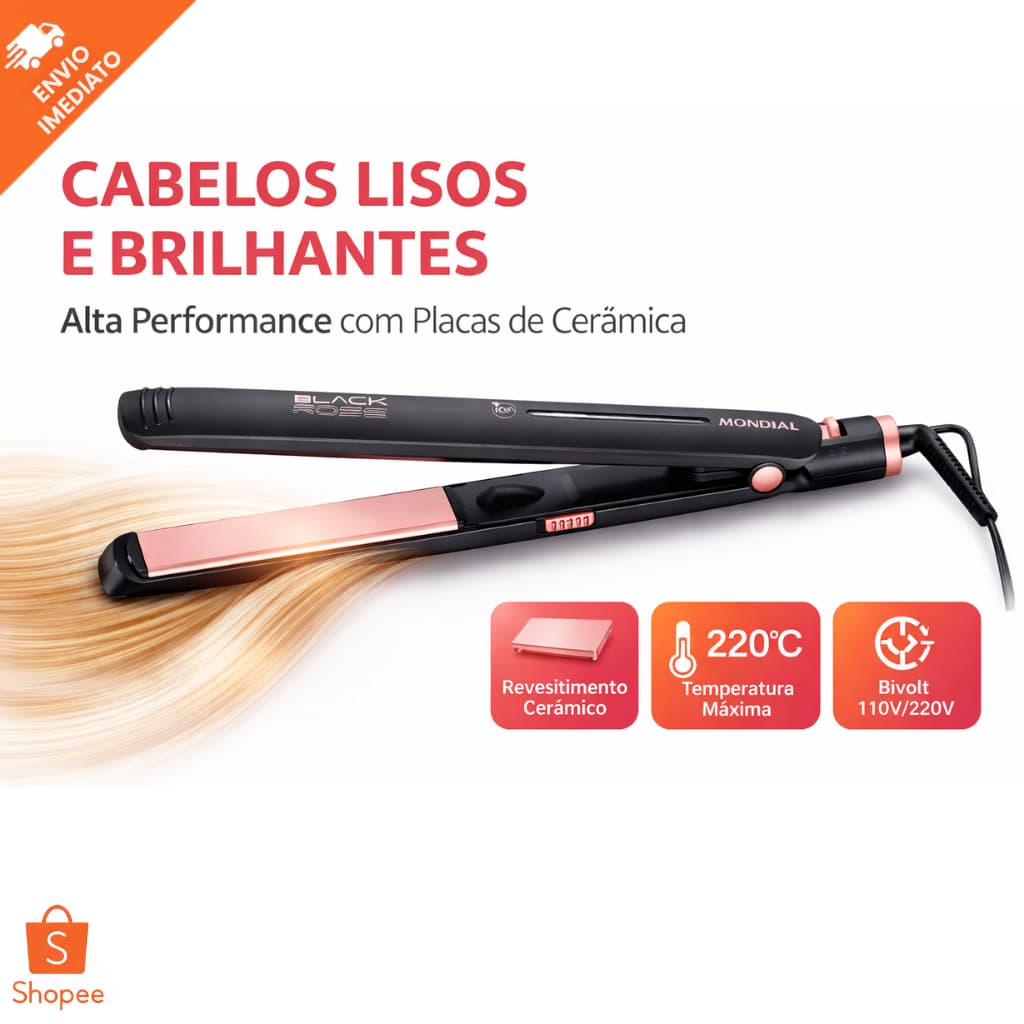Prancha Chapinha Mondial P-27 Bivolt Preto Golden Rose 200°C Alisa Rápido