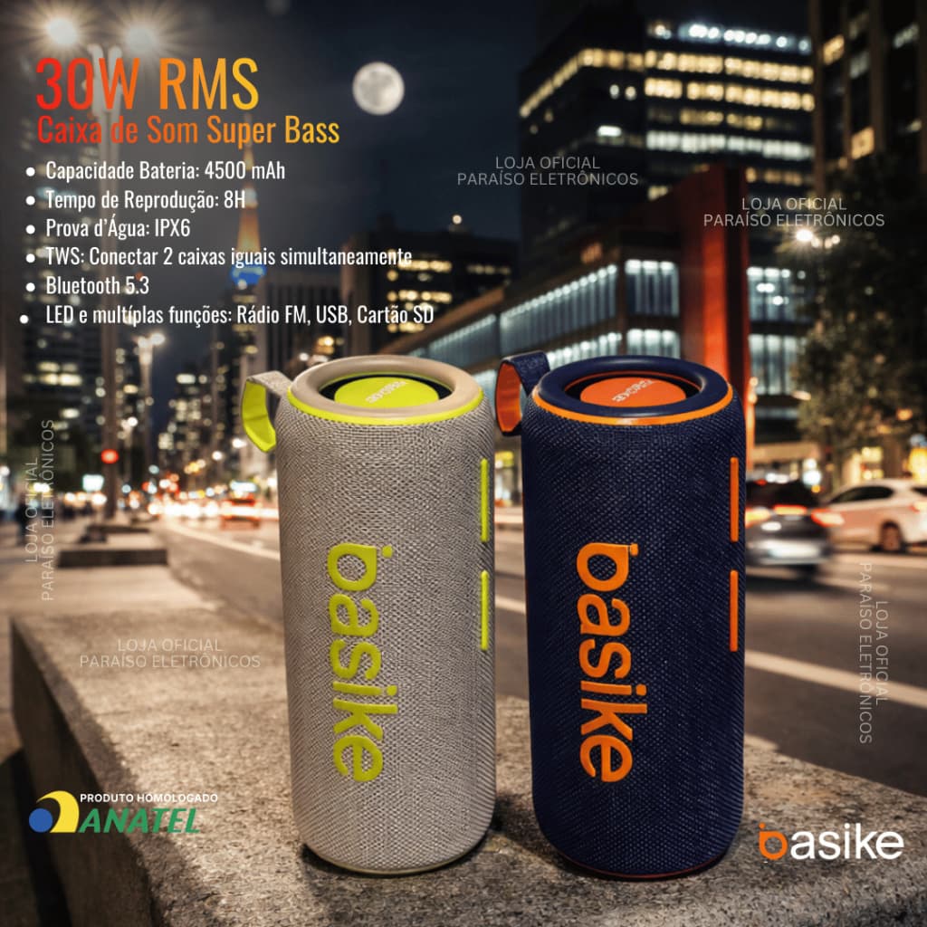 Caixa de Som 30W RMS BASIKE Ba-RAD 123 Bluetooth Portátil Bateria 4500 mAh POTENTE TWS Prova d'Água