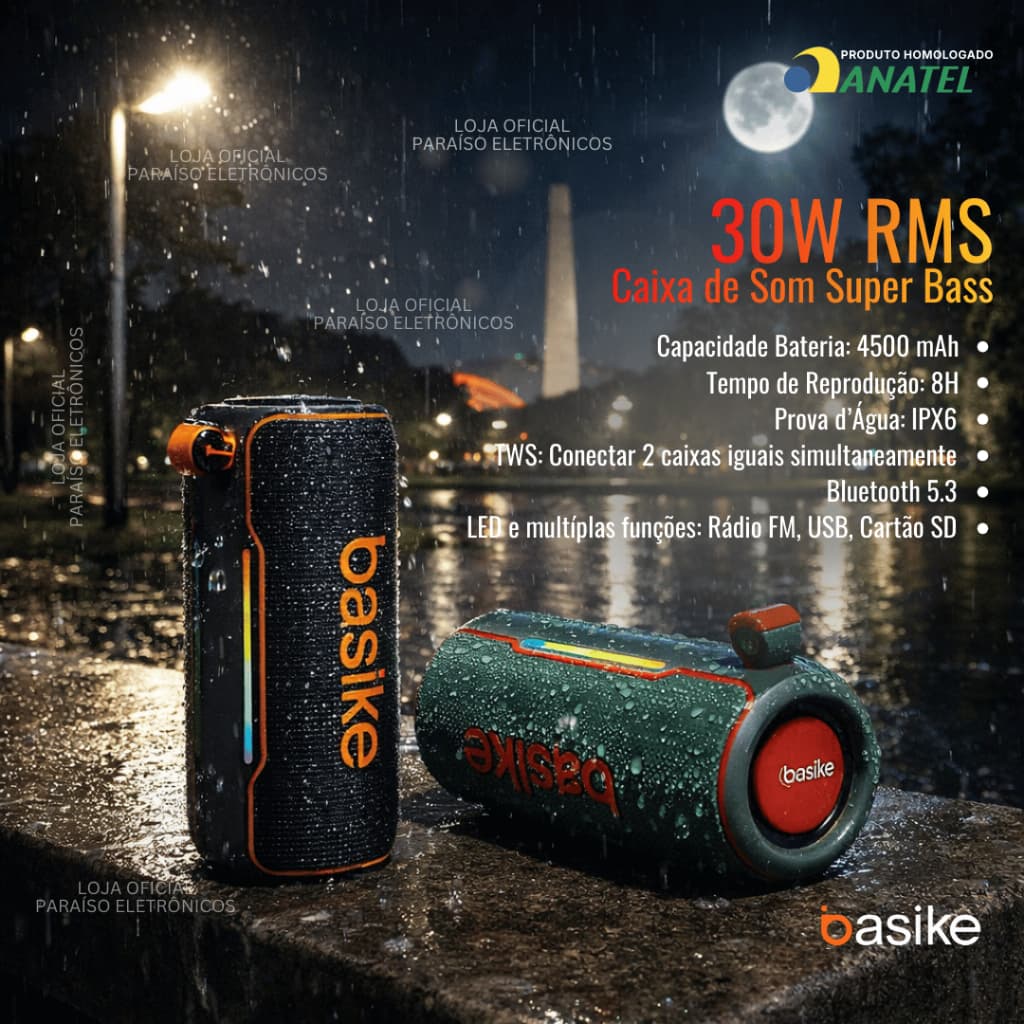 Caixa de Som 30W RMS BASIKE Ba-RAD 123 Bluetooth Portátil Prova d'Água TWS Bateria 4500 mAh
