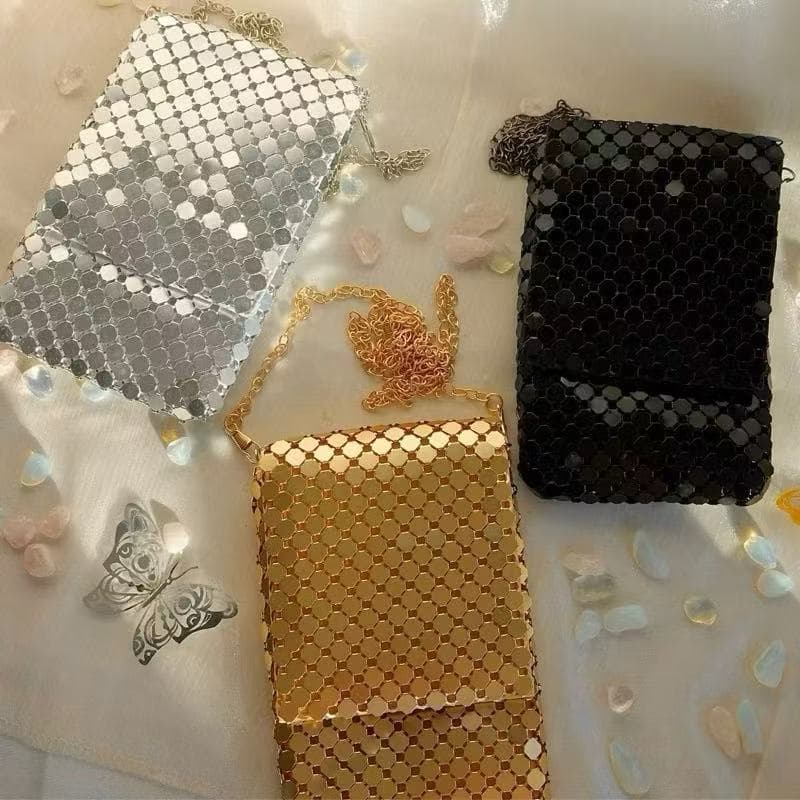 Bolsa Feminina de Mão Clutch com Alça de Corrente Metalizada Festa Casamento