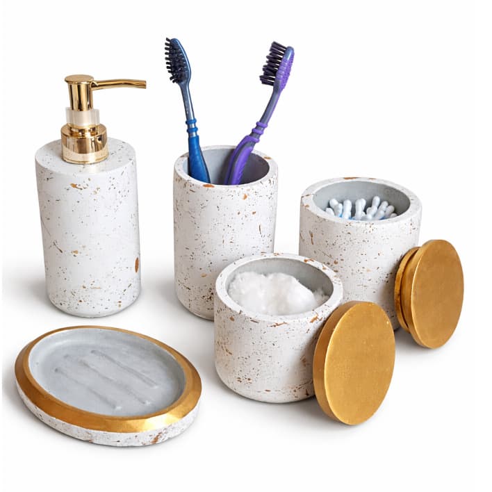 Kit lavabo feito em concreto 5 peças, Porta Sabonete Líquido, Porta Escova, Porta Algodão, Porta cotonete