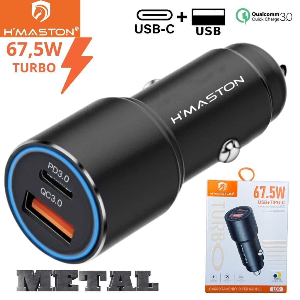 Carregador Veicular Turbo 67.5W Dupla Entradas TIPO-C + USB Carregamento rápido Universal