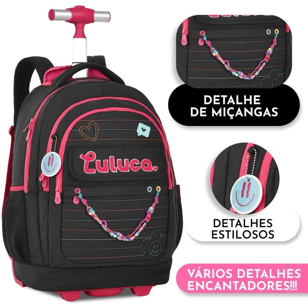 Kit Mochila Escolar Rodinhas Luluca Feminina Grande Original
