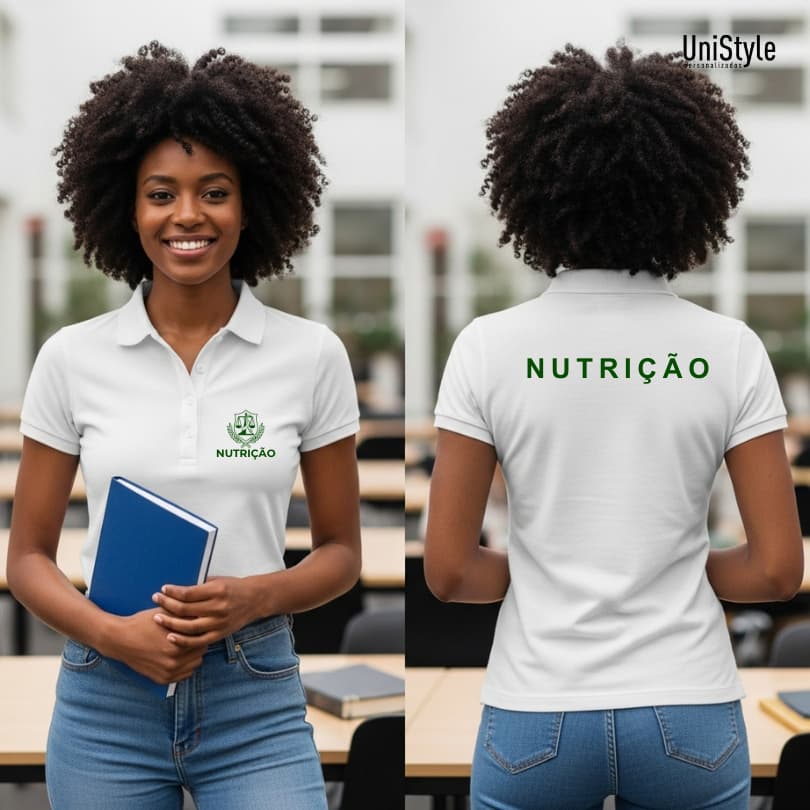 Camisa Gola Polo Nutrição Profissões Unissex e Baby Look Brasão em Malha Piquet Premium
