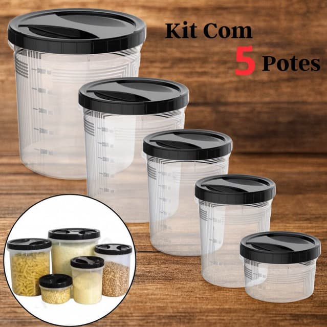 Kit 5 Potes Herméticos com Rosca 6L 3L 2L 1L 500ml Organizadores de Alimentos Cozinha
