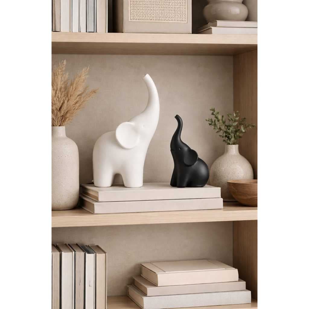 Kit 2 Elefantes Decorativos Preto e Branco Escultura Moderna Sala Escritório Quarto