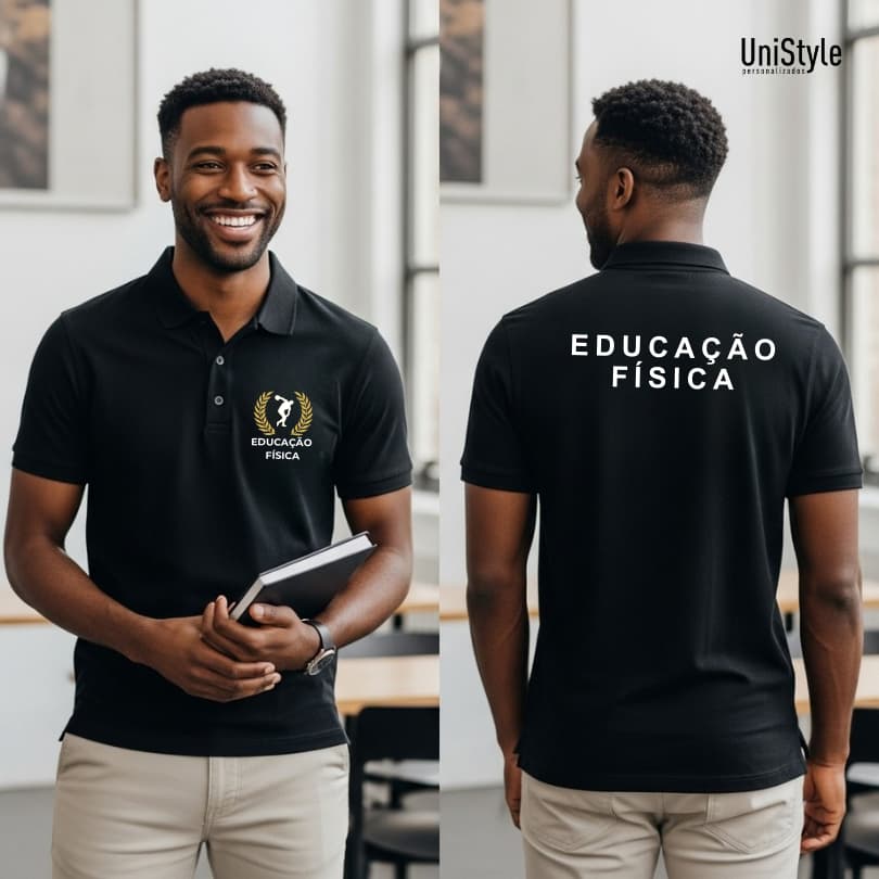 Camisa Gola Polo Educação Física Profissões Unissex e Baby Look Brasão em Malha Piquet Premium
