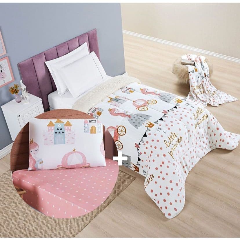 Kit Coberdrom Edredom Kids com Sherpa Personalizado Infantil + Jogo de lençol 2 peças Bailarina,Dino,Princesa