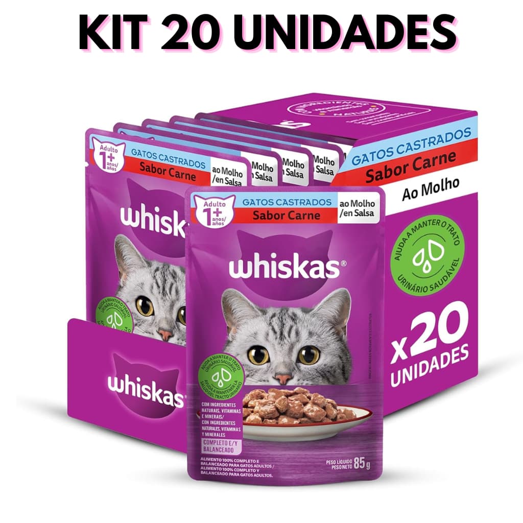 SACHÊ WHISKAS CASTRADOS CARNE 85G KIT 20 UN