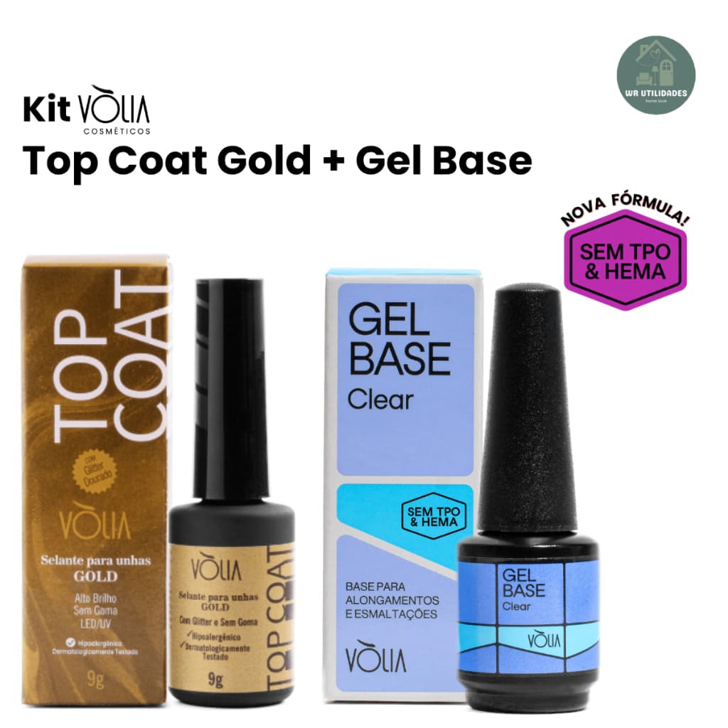 Kit Volia Finalizador Top Coat 9g Gold + Base em Gel 9g Sem TPO HEMA Nova Formula Original Imediato