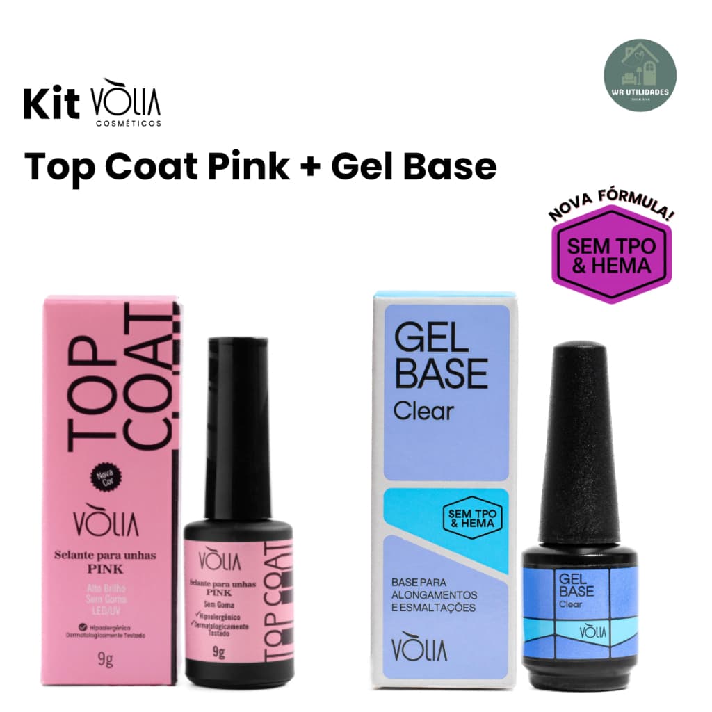 Kit Volia Finalizador Top Coat 9g Pink + Base em Gel 9g Sem TPO HEMA Nova Formula Original Imediato
