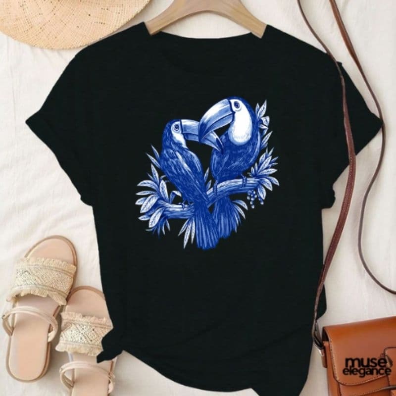 Camiseta Slim Feminina com Estampa de Arara 100% Algodão Blusa leve não encolhe