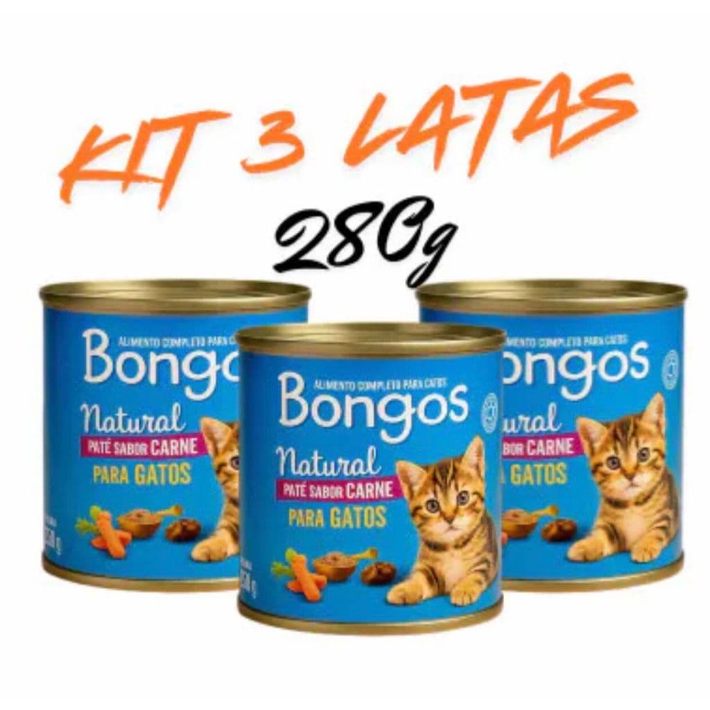 03 LATAS ALIMENTO ÚMIDO SABOR CARNE GATOS ADULTO BONGOS 280GR PATÊ GATOS CAT PETISCO ARRANHADOR CAMA UTILIDADES PET