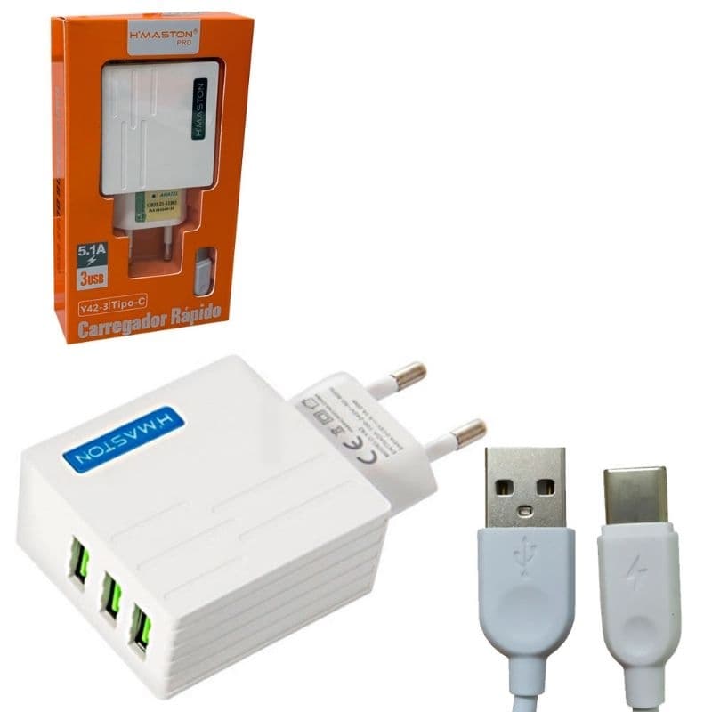 Carregador Rápido Hmaston Bivolt + Cabo USB-C - Y42-3-C