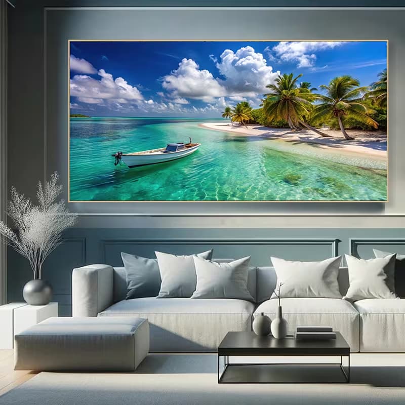 Quadro Decorativo Sala Paraíso Tropical à Beira-Mar Aguas Cristalinas Ilha Deserta Moderno 110x70