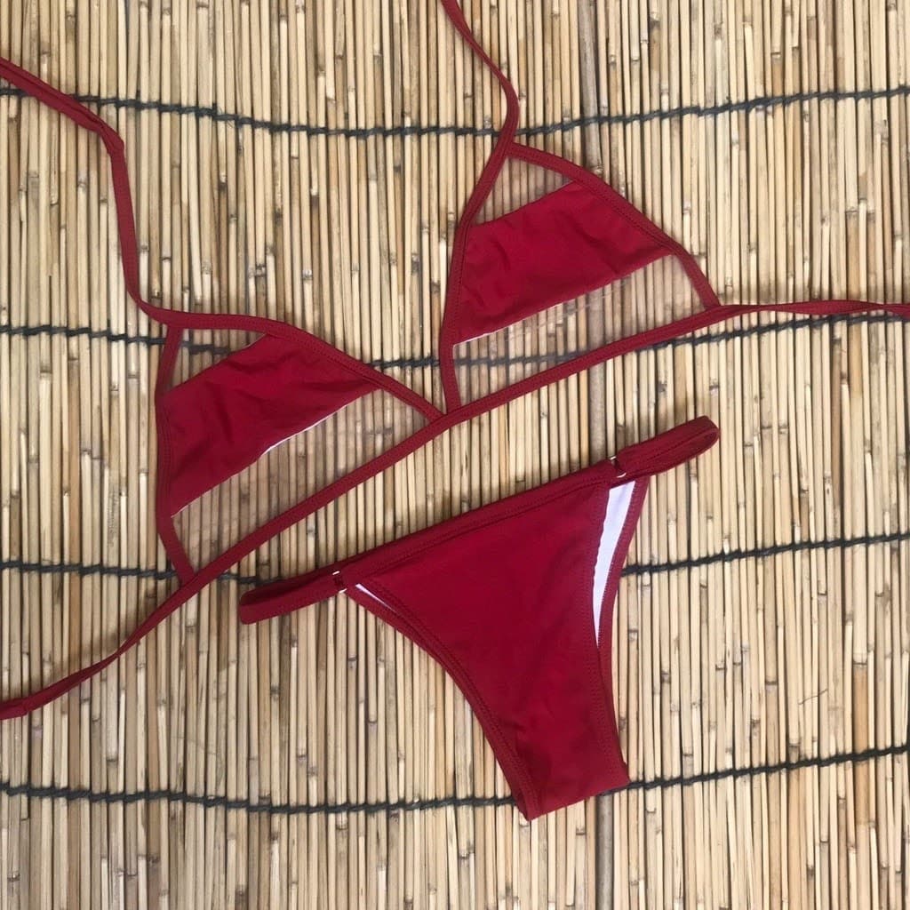 Biquíni Feminino Top com Tule Sem Bojo e Calcinha Tanga Modelo Moderno Moda Praia