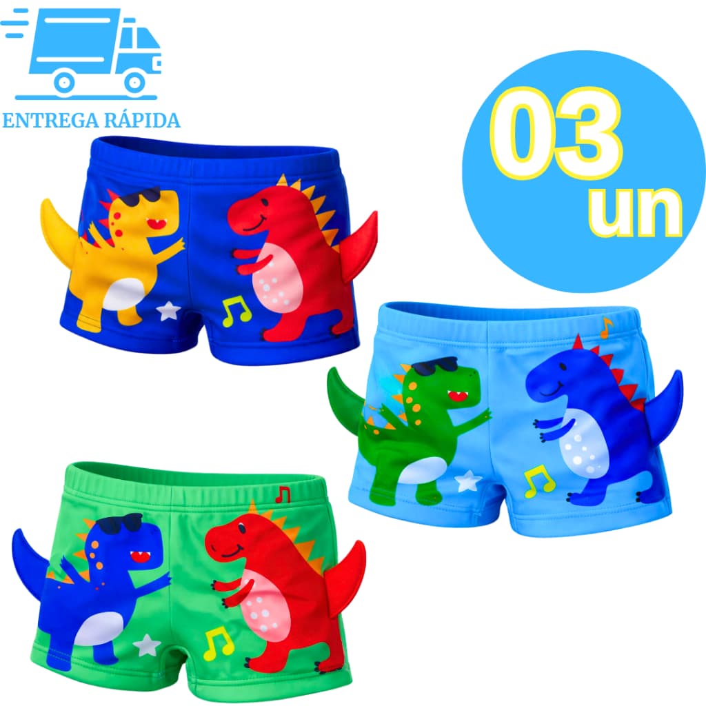 Sunga Boxe Bebê Infantil Kids Modo Praia Proteção Solar Uv50+ de Dinossauro para Menino