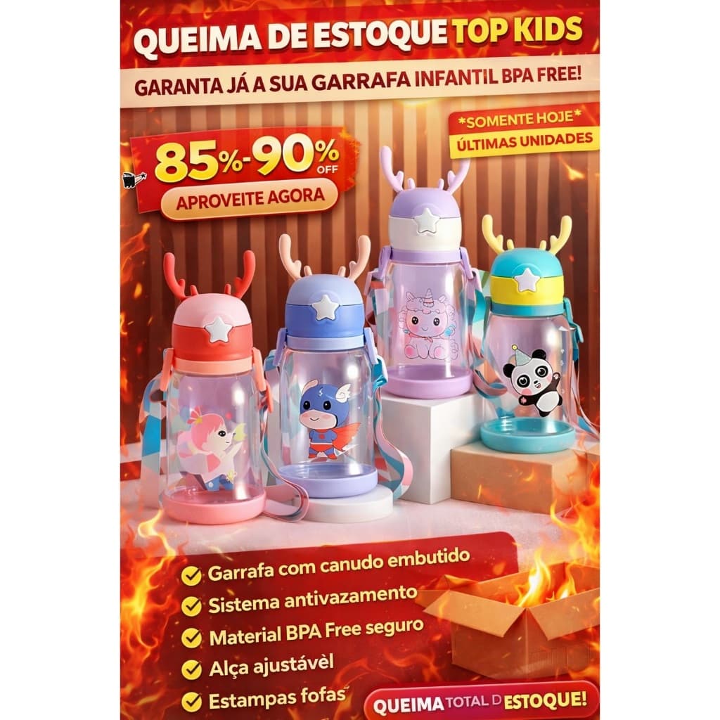 Garrafa Infantil com Canudo Antivazamento BPA Free Squeeze Escolar Top Kids Desenho Fantasia Para Meninas ou Meninos