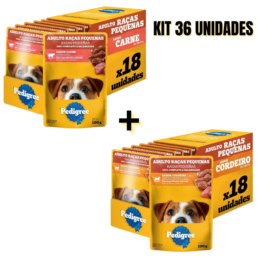 PEDIGREE SACHÊ RAÇAS PEQUENAS CX PROMOCIONAL 18 CARNE + 18 CORDEIRO 100G KIT 36 UN