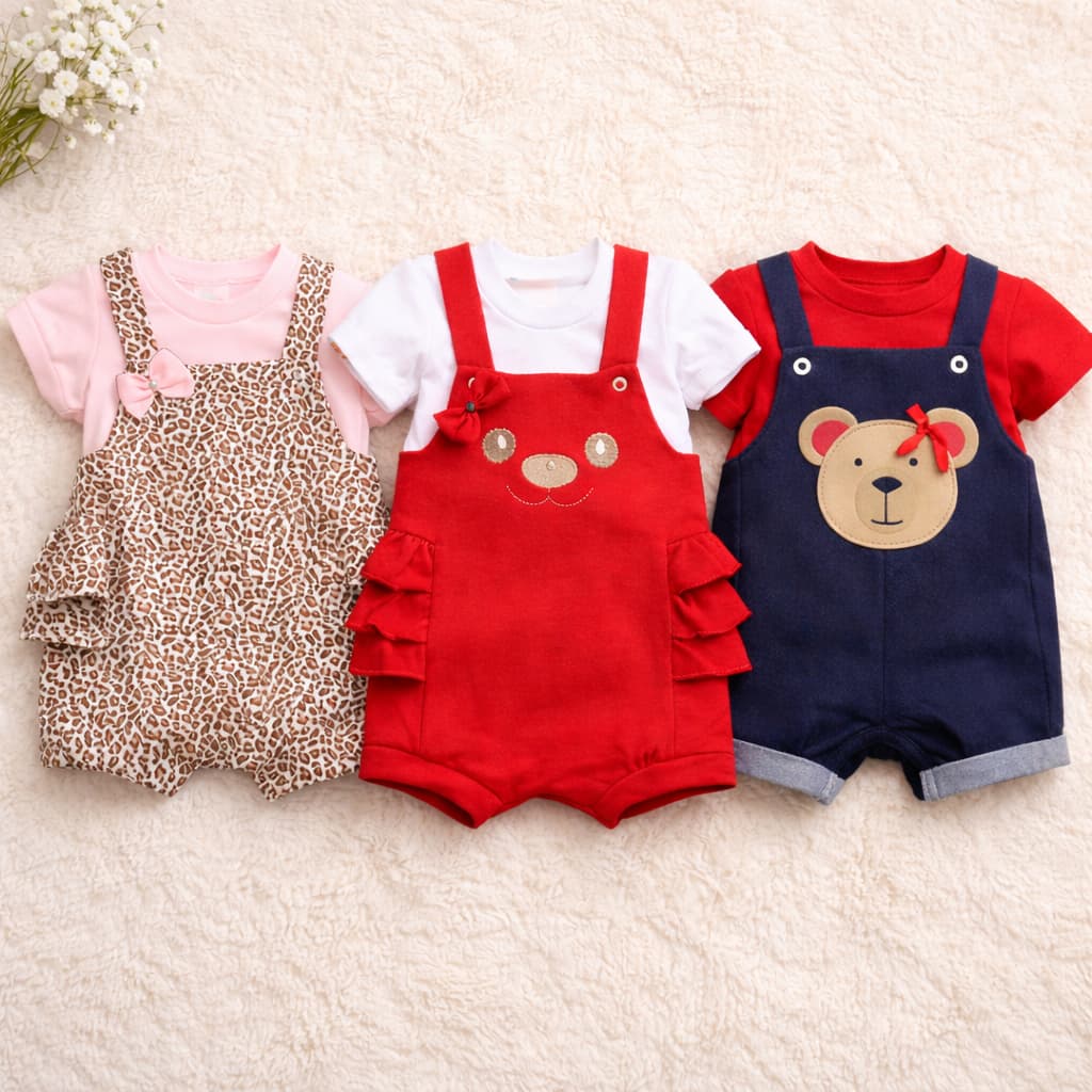 Kit 3 Conjuntos Bebê Menina 6 Peças Jardineira Verão Roupas de Bebê