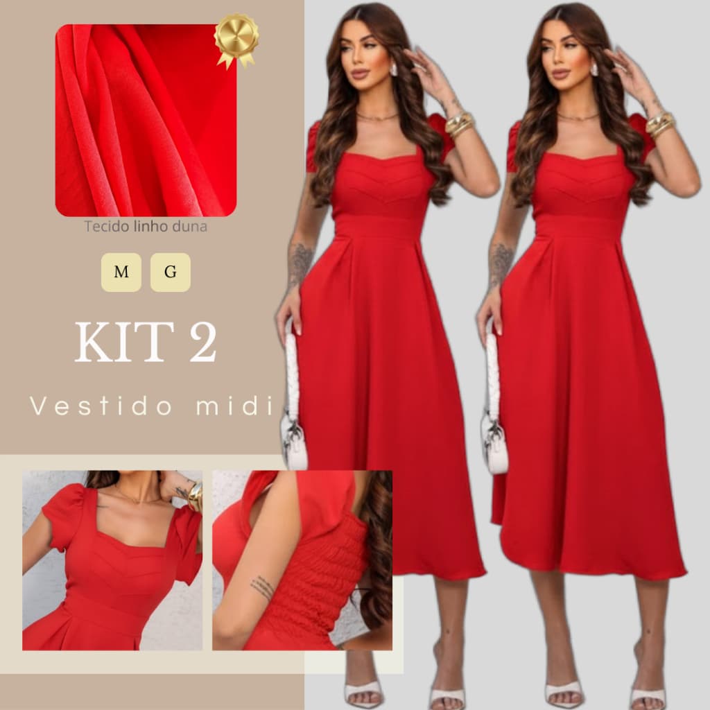 Kit 2 Vestidos Feminino Midi com Babado na Manga, Lastex nas Costas, Presente Mãe Amor Namorada