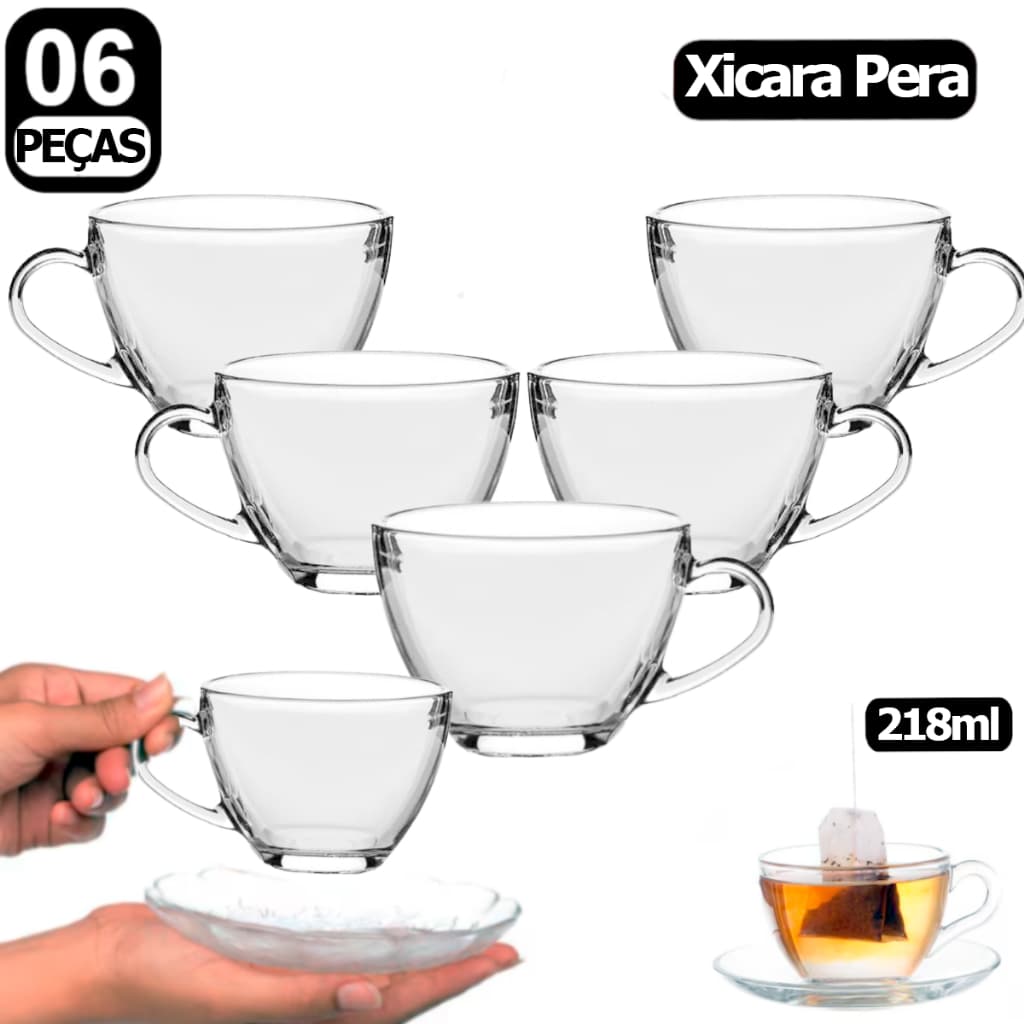 kit jogo de 6 xicaras com para cafe Chá e Leite Pera Transparente Vidro 218ml kit elegante