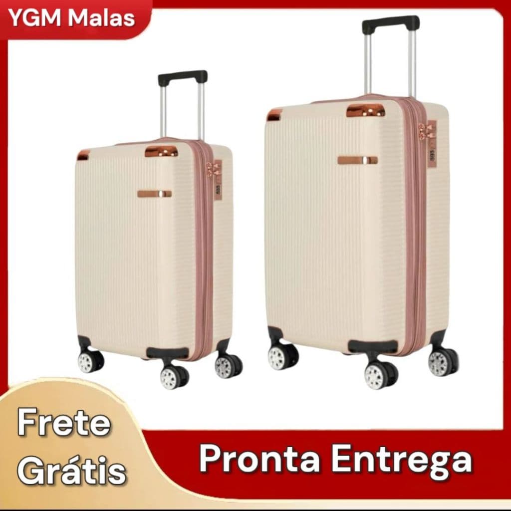 Kit 2 Malas de Viagem Polipropileno Pequena + Média Com Zíper Extensível Rodinhas 360 Removíveis Top