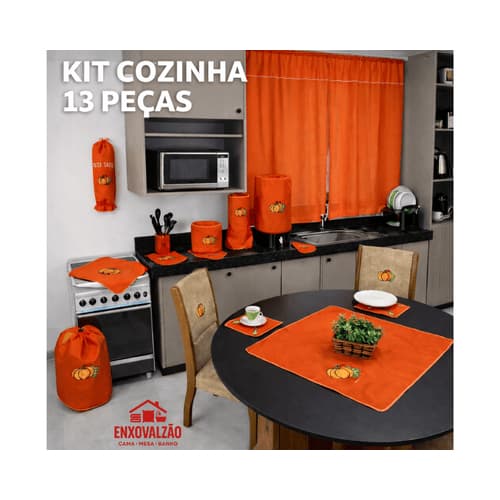 Kit Cozinha 13 Peças Completo com Cortina, Toalha de Mesa e Acessórios