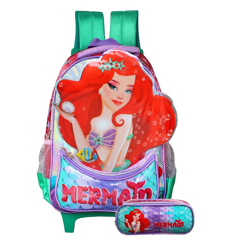 Kit Mochila de Rodinhas Escolar Meninas Sereia Mermaide com Estojo Duplo Zíper Reforçada