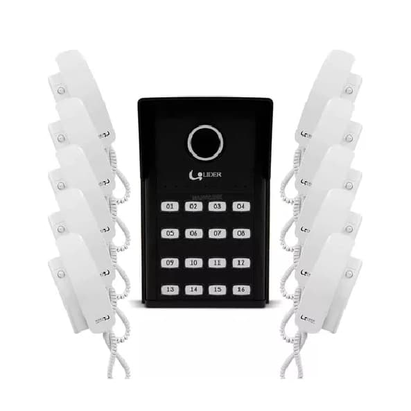 Kit Porteiro Eletrônico Interfone Coletivo 10 pontos Casas Apartamentos + 10 Fones Líder