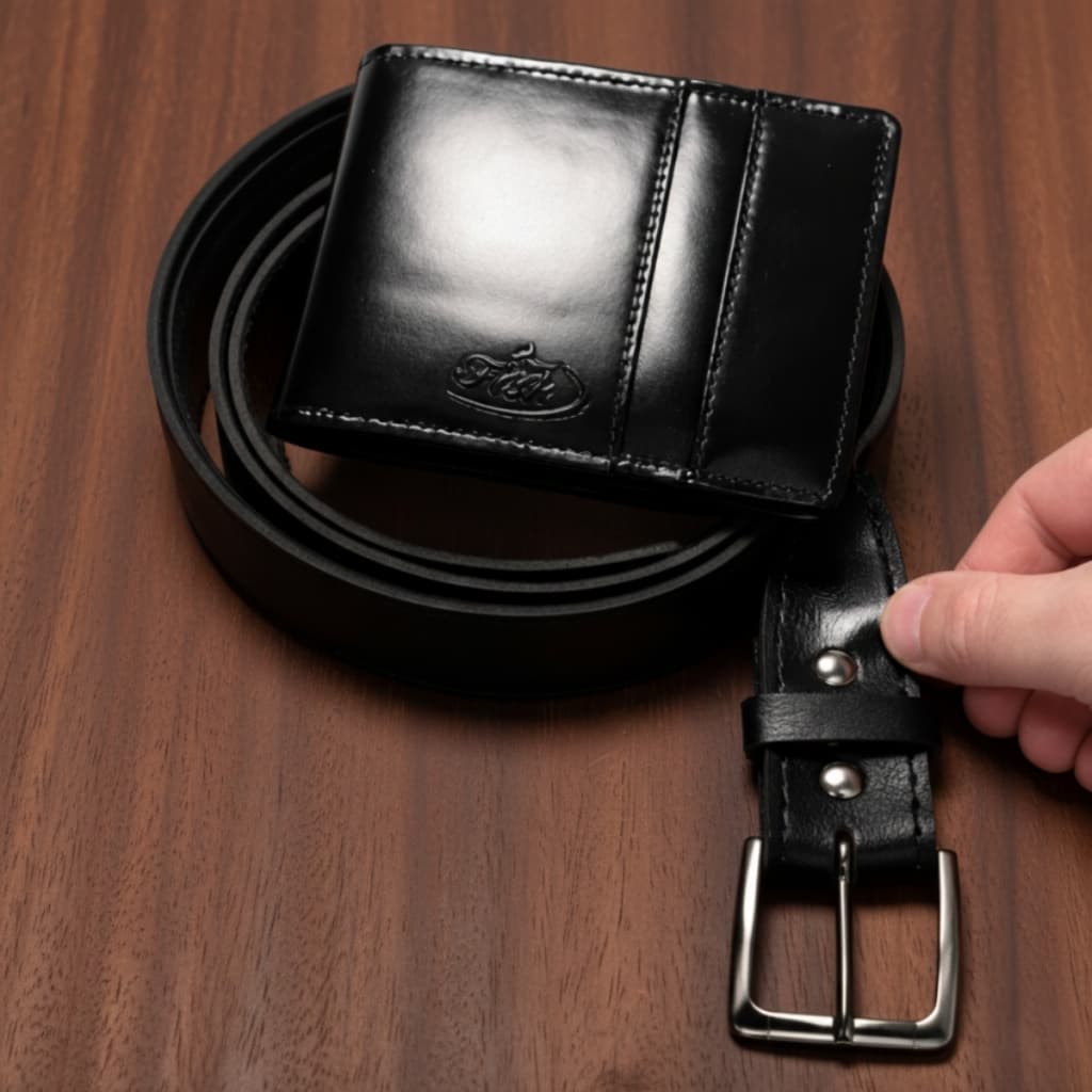 Kit Masculino Premium em Couro Legítimo | Carteira + Cinto Preto Clássico