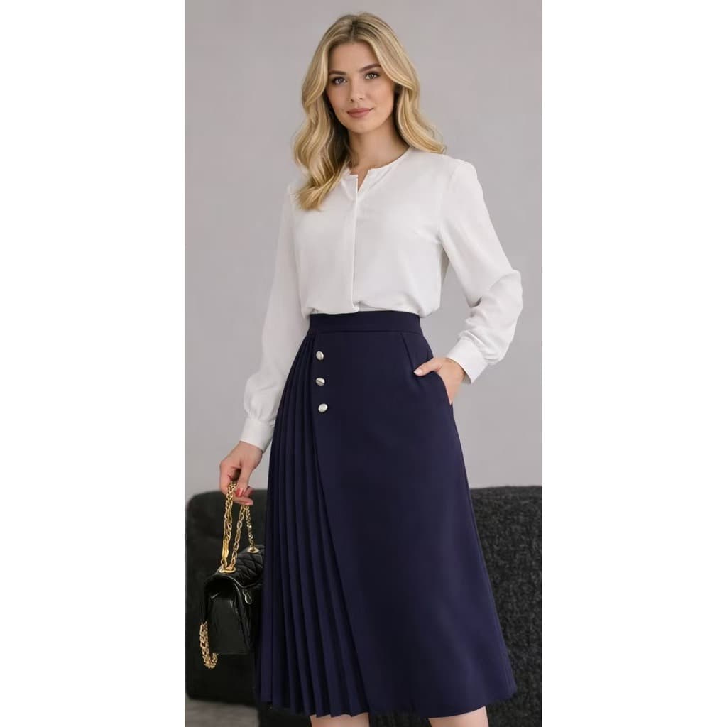 Saia Plissada Alfaiataria Com Botão Moda Evangelica Estilo Coreano SAIA PLISSADA COREANO 3 BOTAO