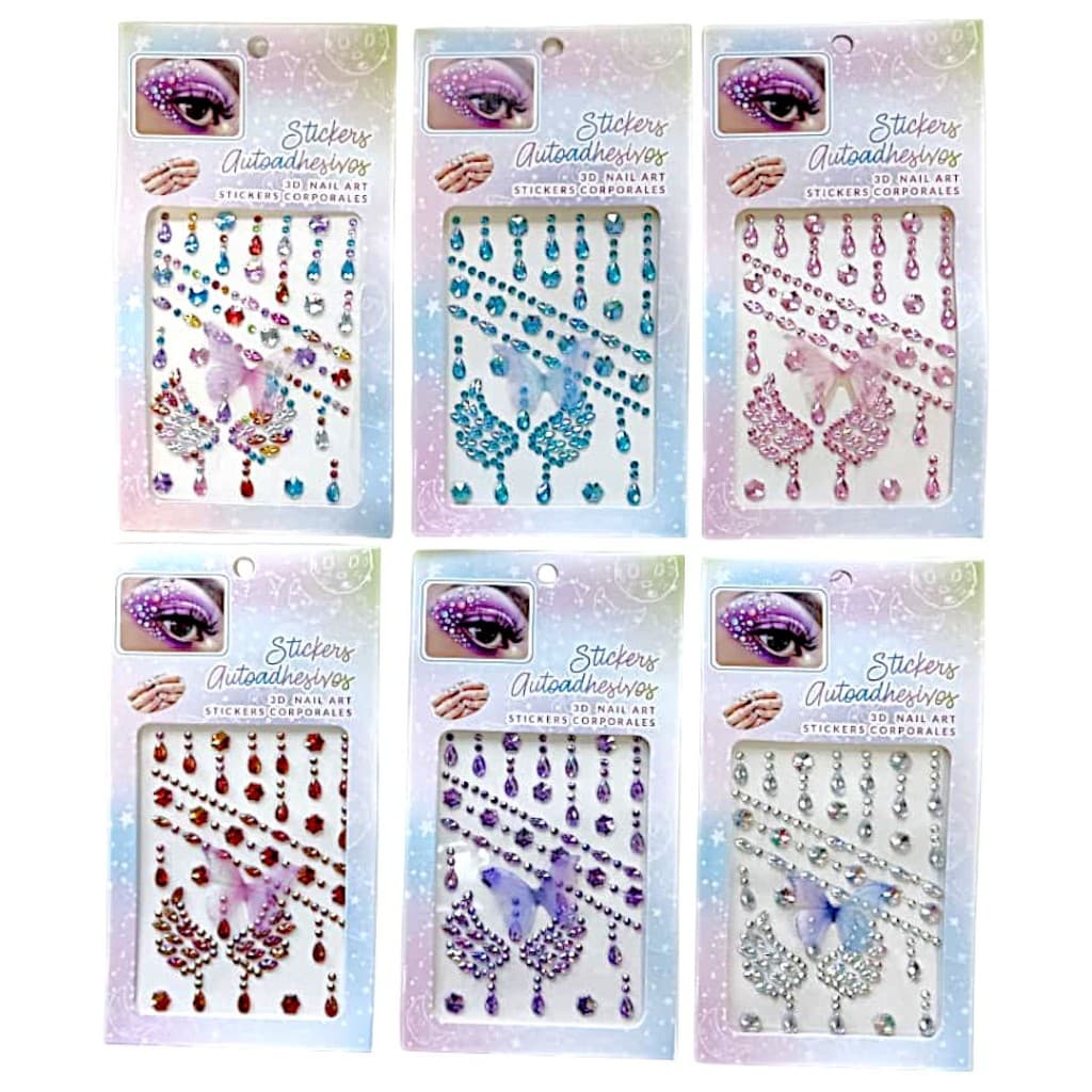 Kit 6 Adesivos Unha Rosto Facial Strass Fantasia Carnaval Pele Borboleta Festa Pedras Colorida