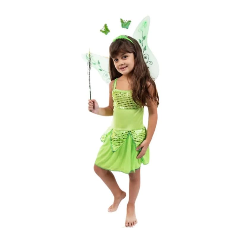 Fantasia Vestido Sininho Asas Tiara Kids Menina Fada
