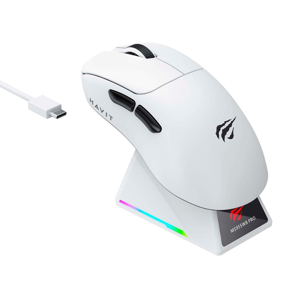 Mouse Gamer Havit MS955WB 22000 DPI 6 Botões RGB Tri Mode USB Bluetooth Wiresss 2.4Ghz Branco