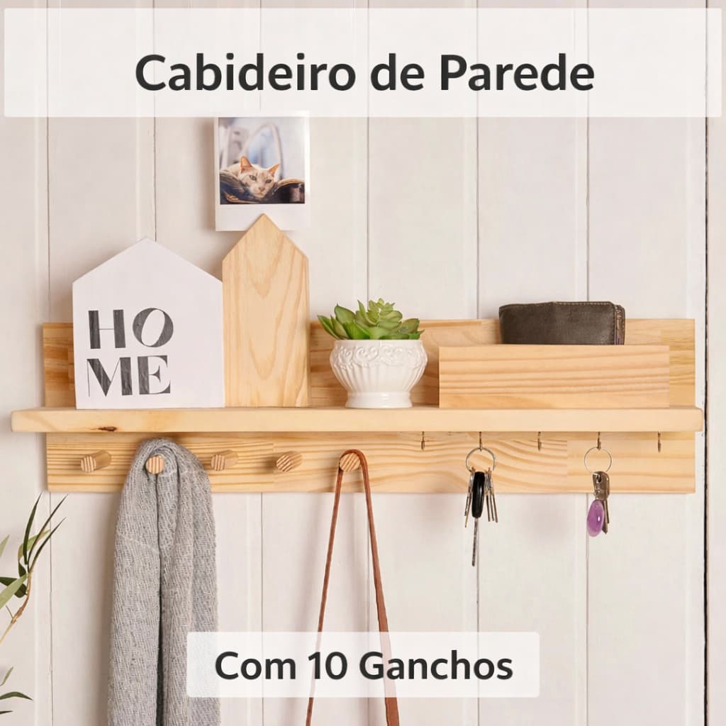Cabideiro Suporte Organizador de Parede em Madeira com 10 Ganchos e Porta Chaves Multiuso - Casa67