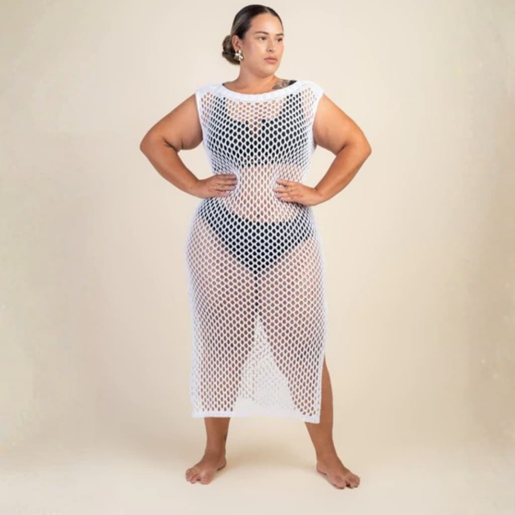 Vestido Saída de Praia Feminina Vazado Plus Size Tricot Elegante Moda Verão Casual