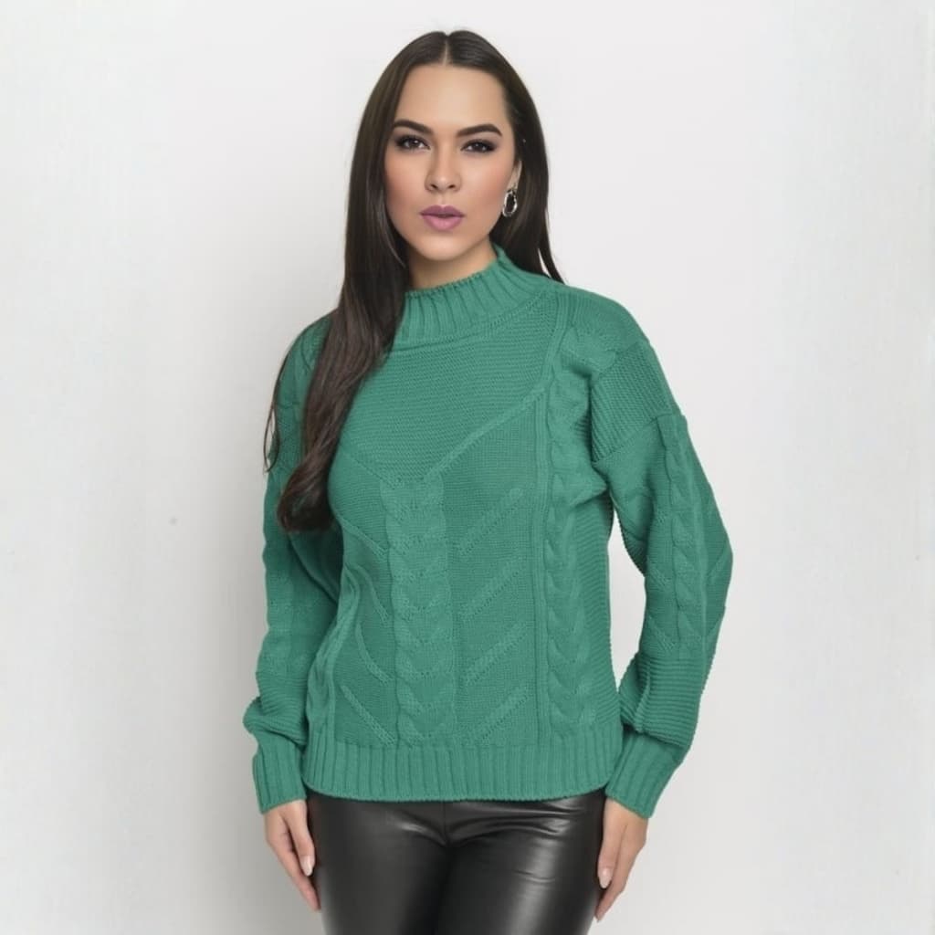 Blusa Feminina Tricot Casaco Manga Longa Com Detalhes em 3 Tranças Tendência Suéter Lã Modal