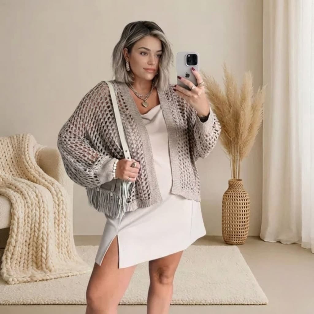 Cardigan Kimono Tricot Casaco Feminino Tricô Rendado Premium Outono Inverno Elegante Blogueira