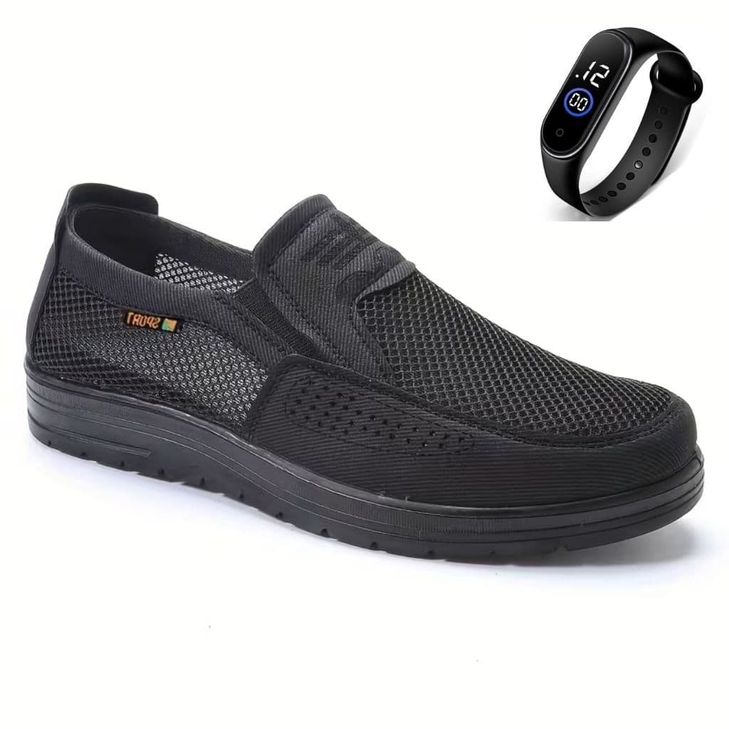 Mocassim Masculino Tela Respirável Macio Super Confortável Solado de Borracha Sapatilhas Casuais + Relógio Digital