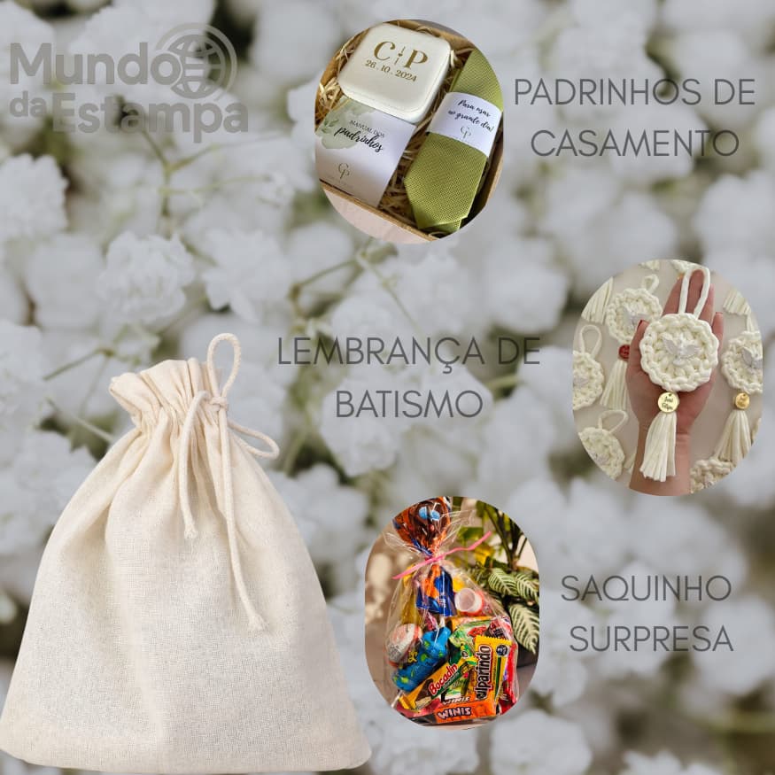KIT SAQUINHO ALGODÃO CRU LISO SACOLINHAS PADRINHOS EMBALAR BRINDES LEMBRANCINHAS BATIZADO ANIVERSÁRIO