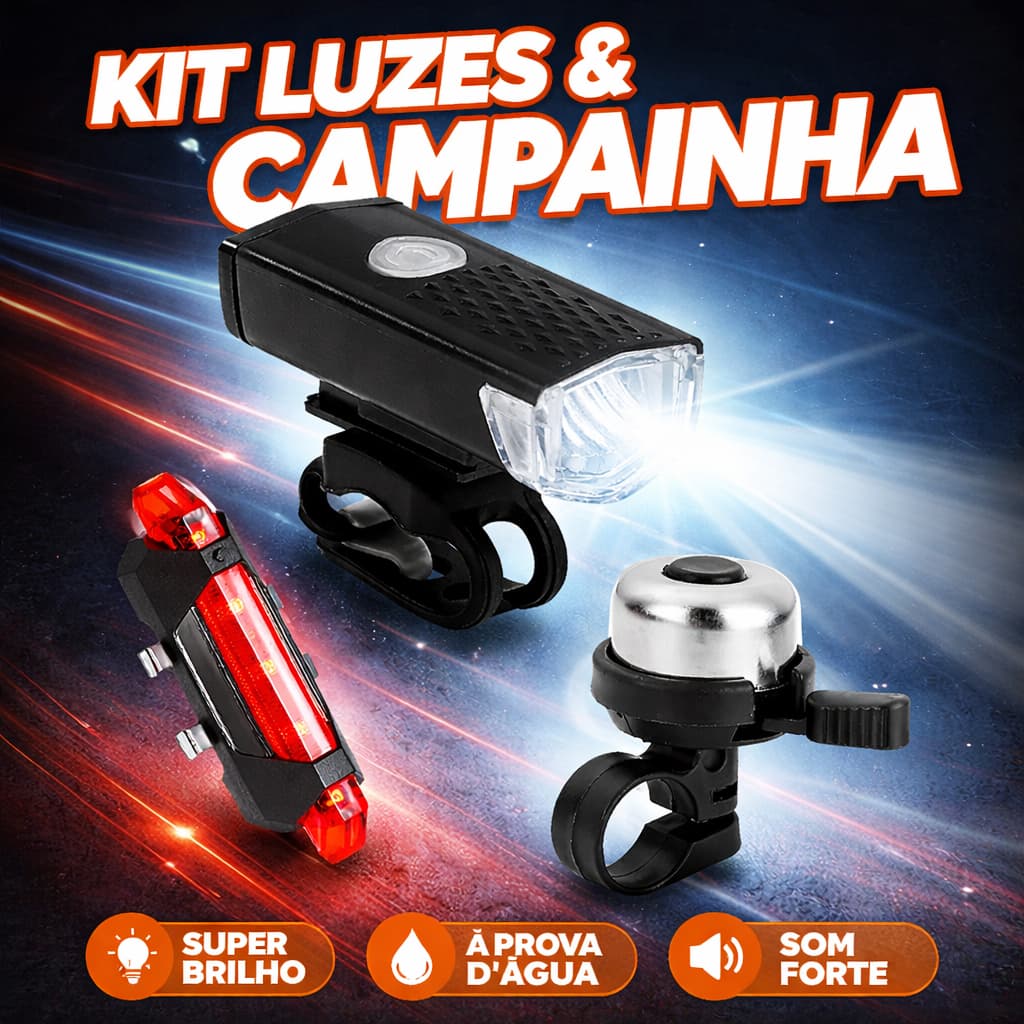 Kit Sinalizador Traseira Recarregável Farol Lanterna Bike LED Usb + Buzina Campainha Bike Trim Trim