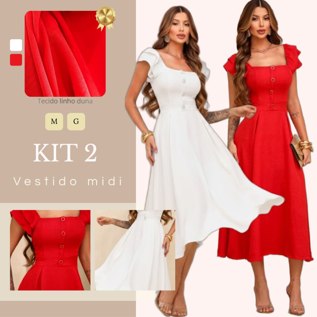 Kit 2 Vestidos Midi com Babado nas Mangas, Botões e Lastex nas Costas Presente Mãe Amor Namorada