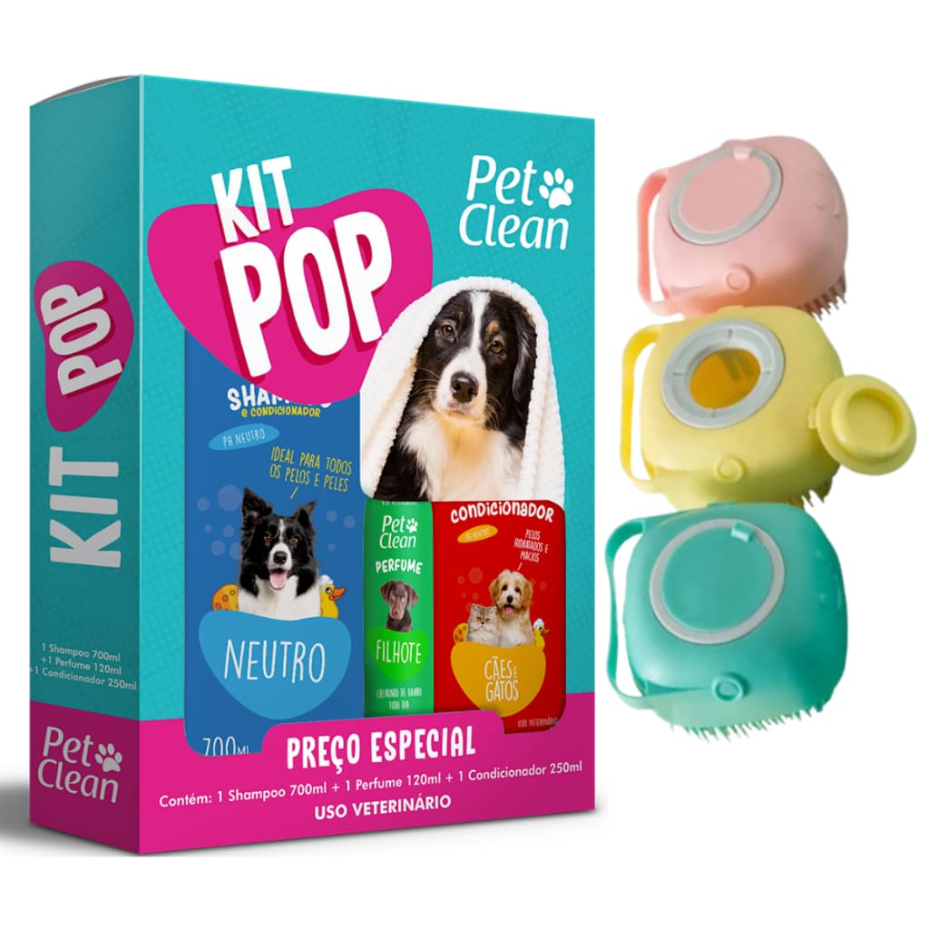 KIT Shampoo, Perfume, Condicionador e Esponja lava Pelos Pet Clean Cães e Gatos