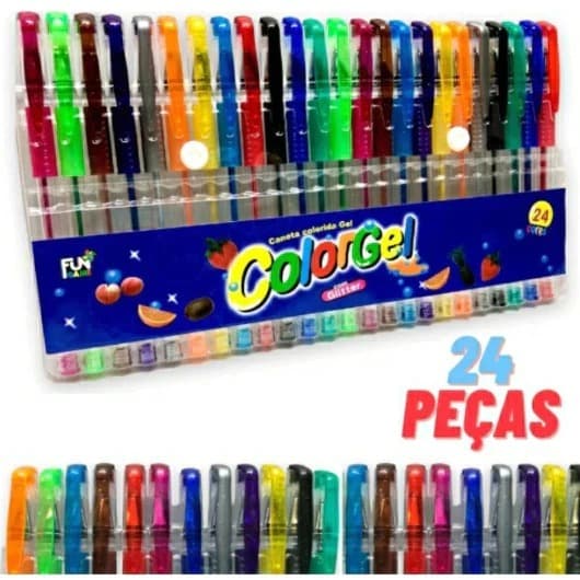 Kit inclui 24 canetas ColorGel com tinta glitter pastel neon metálico escolar