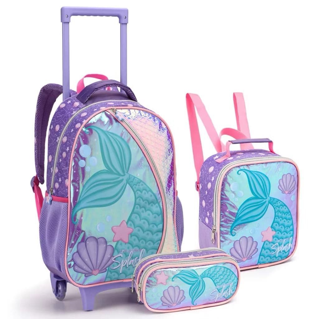 Kit Mochila Com Rodinha Escolar Infantil Menina Sereia ou Unicórnio Seatine Ótima Promoção