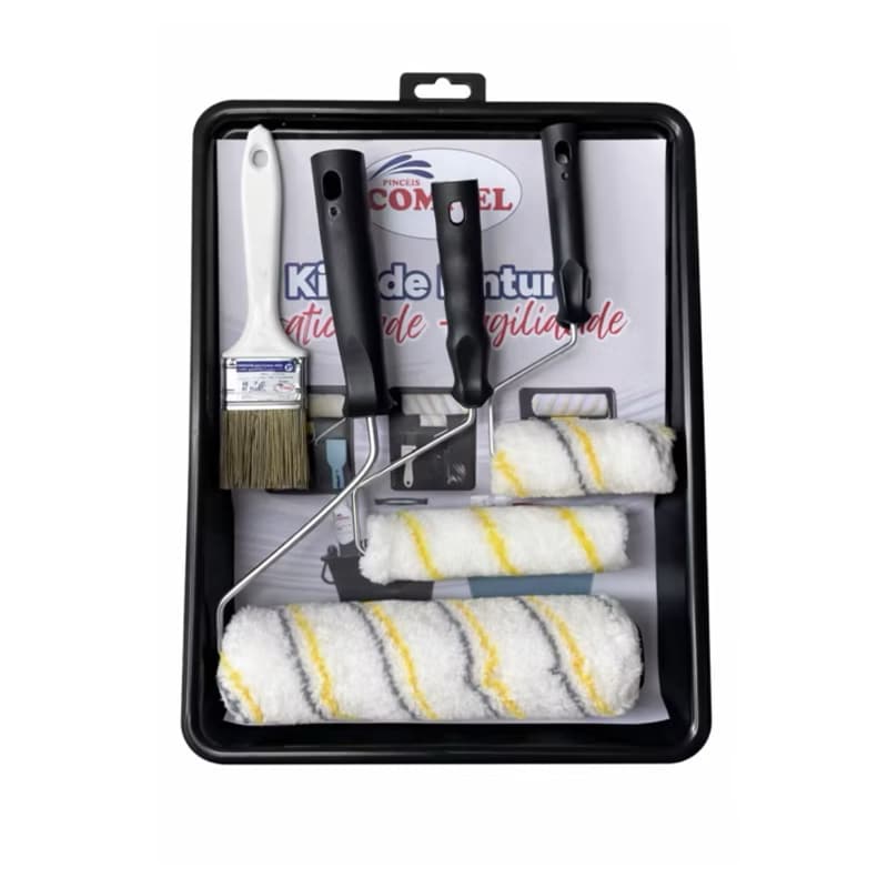 Kit Pintura 6 Peças Sem Respingo Compel | Rolos de Lã 23cm, 15cm e 9cm + Suporte para Rolo + Pincel + Bandeja