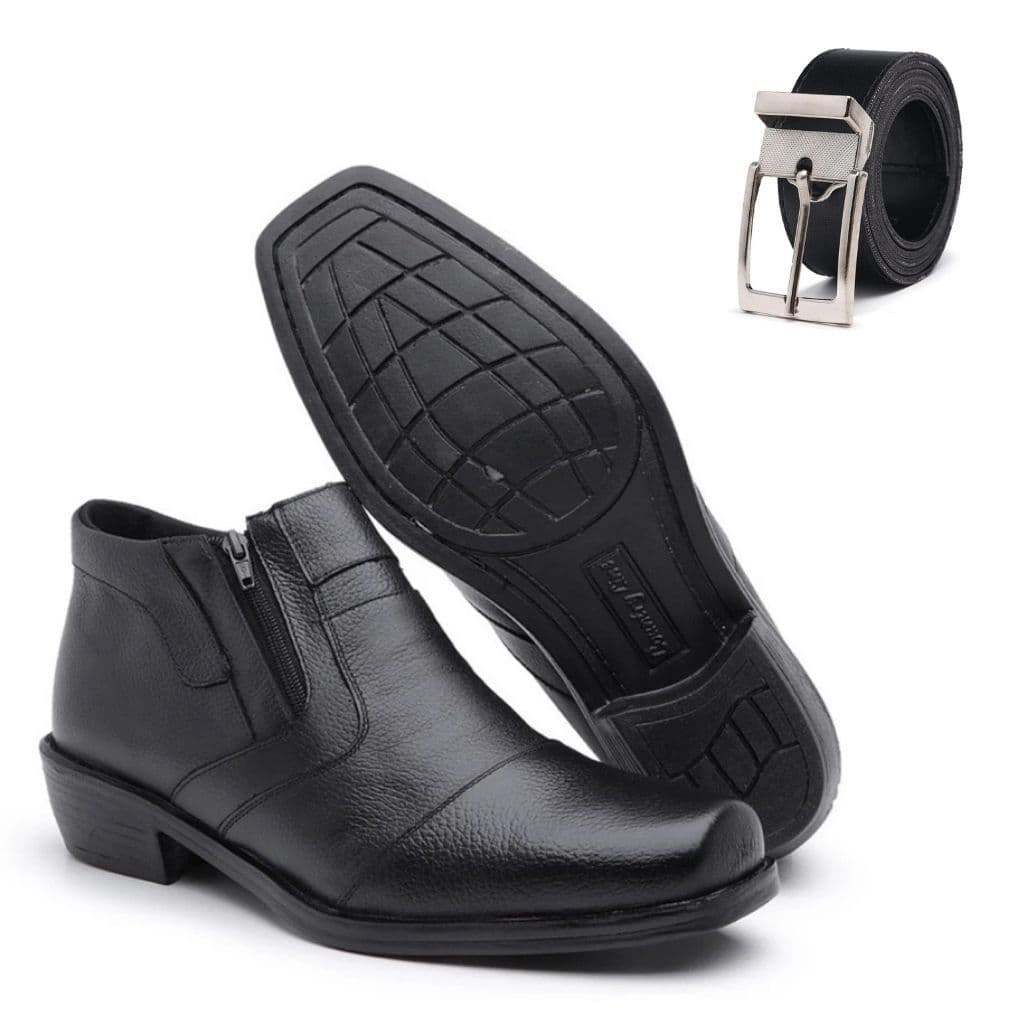 Bota Social Masculina Couro com Zíper Lateral Super Confortável Antiderrapante Ideal Trabalho Dia a Dia + Cinto